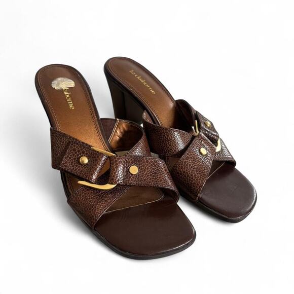 VTG. Y2K LIZ CLAIBORNE BROWN LEATHER BUCKLE STRAPPY HEEL SANDALS 7.5. - Picture 3 of 7